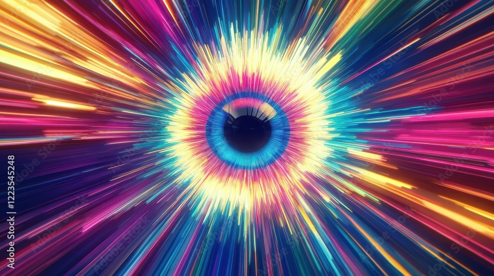 Poster vivid multicolored eye with radiant light beams in dynamic circular pattern