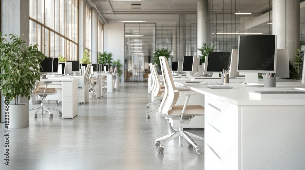 Poster modern office workspace with white desks and computers