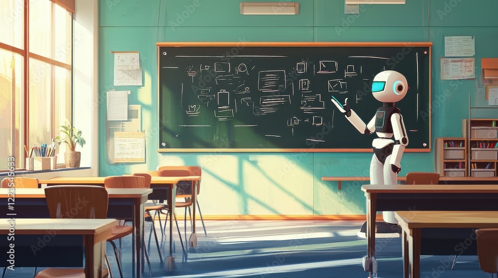 Poster robot teaching in empty classroom with green chalkboard and sunlight