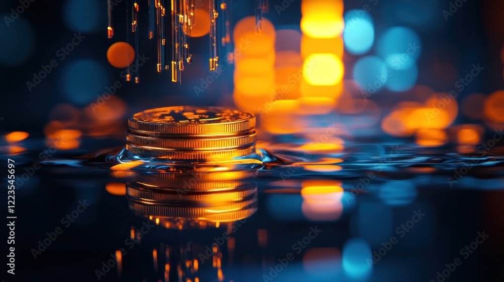 Poster golden bitcoin coins submerged in liquid with lights