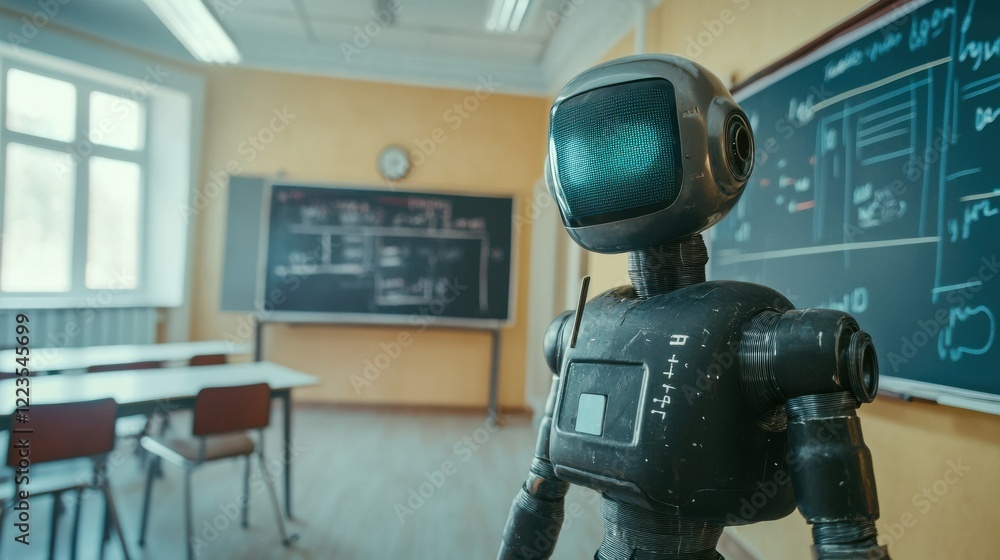 Poster robot in classroom with blackboards and empty desks