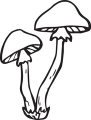 Two Playful Mushrooms in Whimsical Hand-Drawn Black and White Illustration. Vector illustration for design, postcards, patterns, wrappers