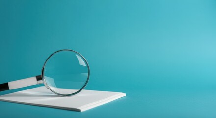 Magnifying glass on white book against blue background