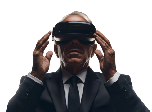 A senior man in a suit, wearing a VR headset and touching it with his fingers, looks towards the viewer.
