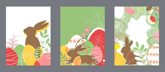 Easter greeting poster, flyer design card. Chocolate Bunny rabbit, Easter eggs, spring plants Layout with Holidays Decoration, presentation, brochure, banner, templates set, background.  © RomanWhale studio