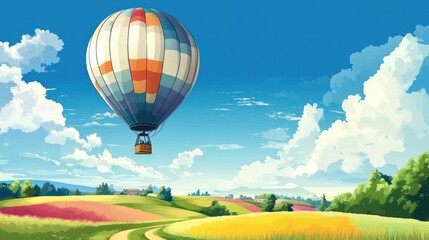Obraz premium Hot Air Balloon Soaring Over Rolling Hills and Fields