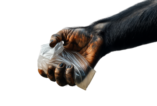 A chimpanzee's hand holding a plastic bag, for environmental awareness media, isolated on a transparent background.