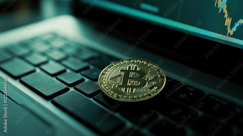 Poster bitcoin cryptocurrency on laptop keyboard with chart