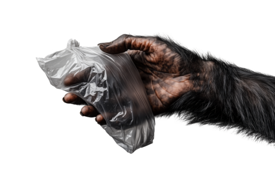 A chimpanzee's hand firmly grips a plastic bag, for environmental awareness media, isolated on a transparent background.