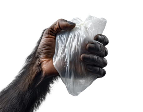 A chimpanzee's hand clutches a plastic bag, highlighting plastic pollution's impact, isolated on a transparent background.