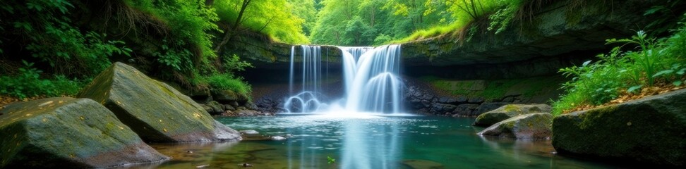 Fototapeta premium Serene waterfall amidst lush greenery and stones, nature, forest