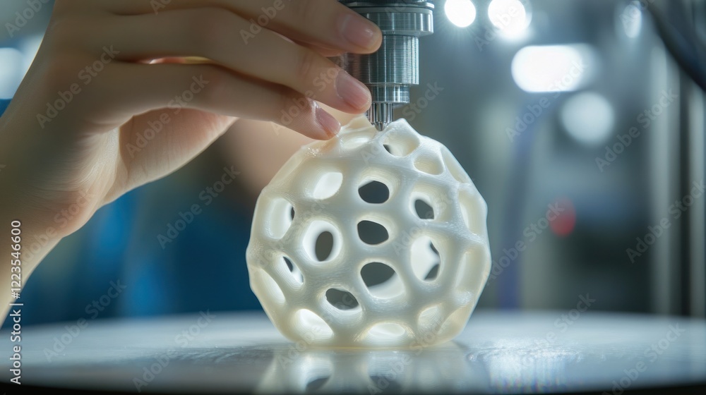 Poster Hand guiding a 3D printer creating a lattice sphere