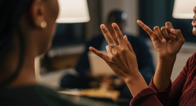 Close-up of people using sign language indoors