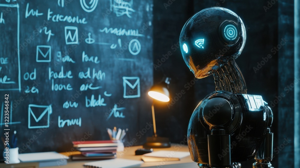 Poster futuristic robot in classroom setting with chalkboard and soft lighting