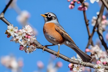 A robin rests on a tree branch adorned with delicate blossoms against a backdrop of a clear blue sky. This moment captures the beauty of nature in vibrant detail, showcasing the bird's vivid colors