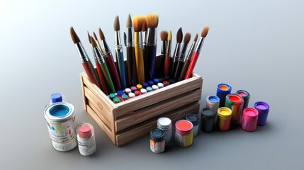 Fototapeta premium Wooden crate holds paintbrushes and paint pots for art