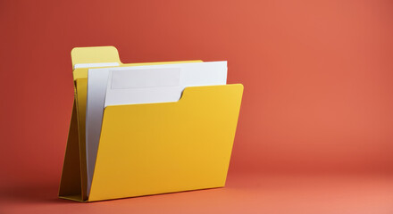 Yellow file folder with documents against orange background