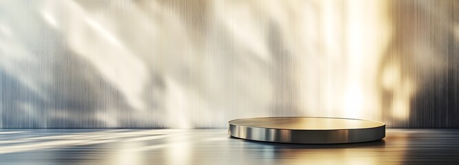 A podium with a sleek metallic texture, set against a bright white wall with soft rays of light highlighting its edges