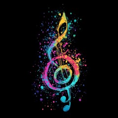 Vibrant Rainbow Treble Clef: A Splatter-Paint Music Design