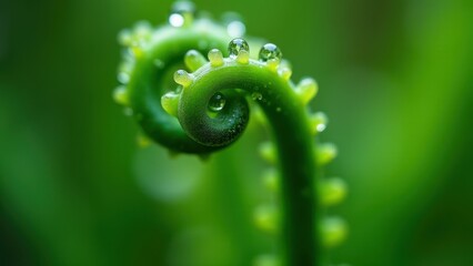 Macro photography of dewdrops on a curled green fern leaf	