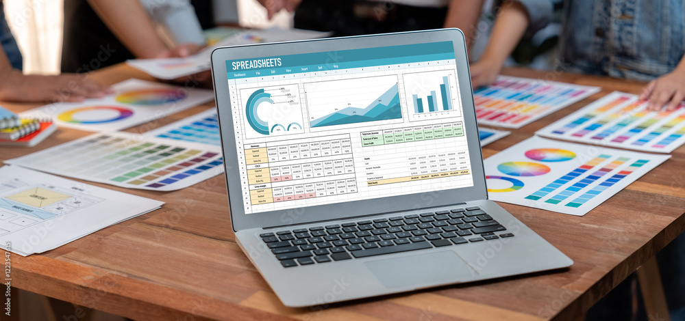 Aufkleber Spreadsheet document information financial startup concept. data and graphs in spreadsheet documents for online analysis project dashboard accounting digital brisk