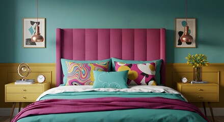 Stylish Teal and Pink Bedroom Design with Mid Century Modern Decor