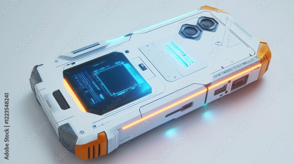Poster futuristic device with illuminated interface and orange accents