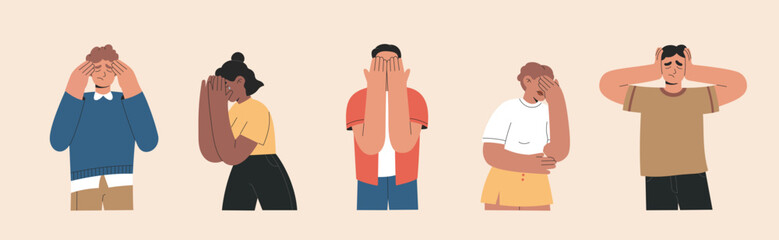 Set of unhappy, frustrated and upset people, mental psychological disorder concept. Burnout characters in bad mood, depression, ADHD, anxiety and grief, flat vector illustrations isolated background