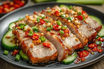 Chili paste pork belly stir fry with garlic spring onions and soy sauce classic Sichuan boiled pork Yunnan style dish garnished with cucumber slices and carved