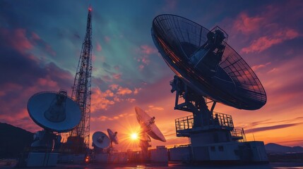 A high-resolution satellite communication ground station, technological scene with satellite dishes and communication equipment, Satellite communication style