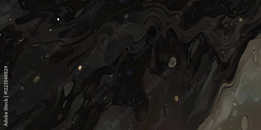Poster cosmic dark abstract swirling patterns blending mysterious textures with scattered luminescent eleme