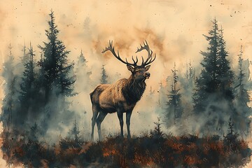 Artistic watercolor a majestic stag standing at the edge a misty forest, breath visible in the chilly air