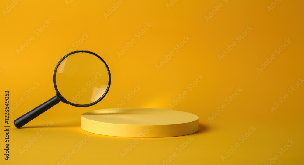 Poster magnifying glass and yellow circular object on background
