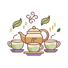 Traditional tea set with steaming cups