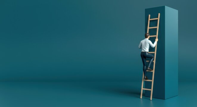 Businessman climbing ladder, symbolizing career growth and ambition