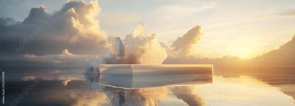 Poster a podium with a crystalline design, placed on a reflective surface with a backdrop of soft clouds an