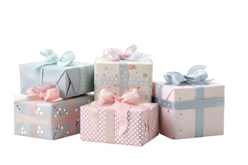 Delicate pastel gift boxes stacked together, wrapped in delightful patterns, adding charm to special celebrations isolated on transparent background