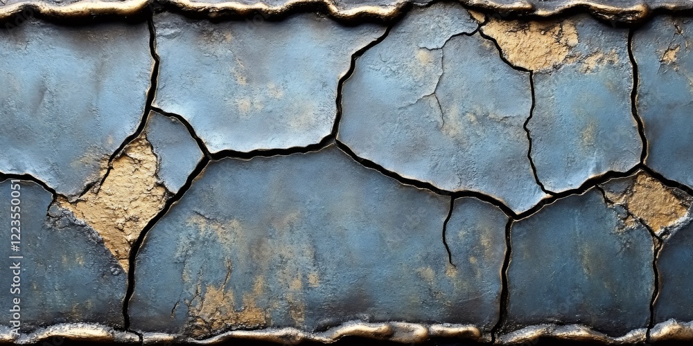 Poster close up of a textured surface with cracks revealing a golden layer underneath, adding depth and con