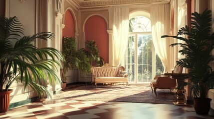 Elegant sunlit living room with vintage furniture and lush green plants