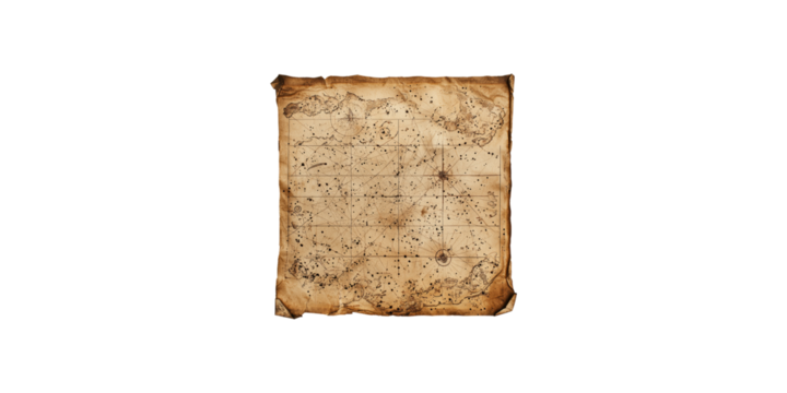 Ancient treasure map with nautical symbols isolated on transparent background