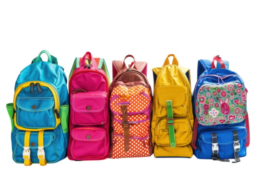 Vibrant collection of colorful backpacks lined up showcasing unique designs and cheerful hues ready for adventures and school outings isolated on transparent background