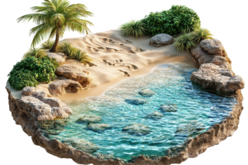 Tropical beach scene with palm tree isolated on transparent background