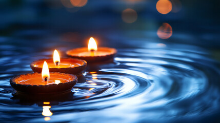 Serene Maha Shivaratri Inspired Scene with Glowing Diyas on Rippling Water. Concept of Spirituality, Tranquility, Peaceful Reflection. Copy Space