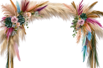 Boho floral arrangements with feathers and grasses isolated on transparent background