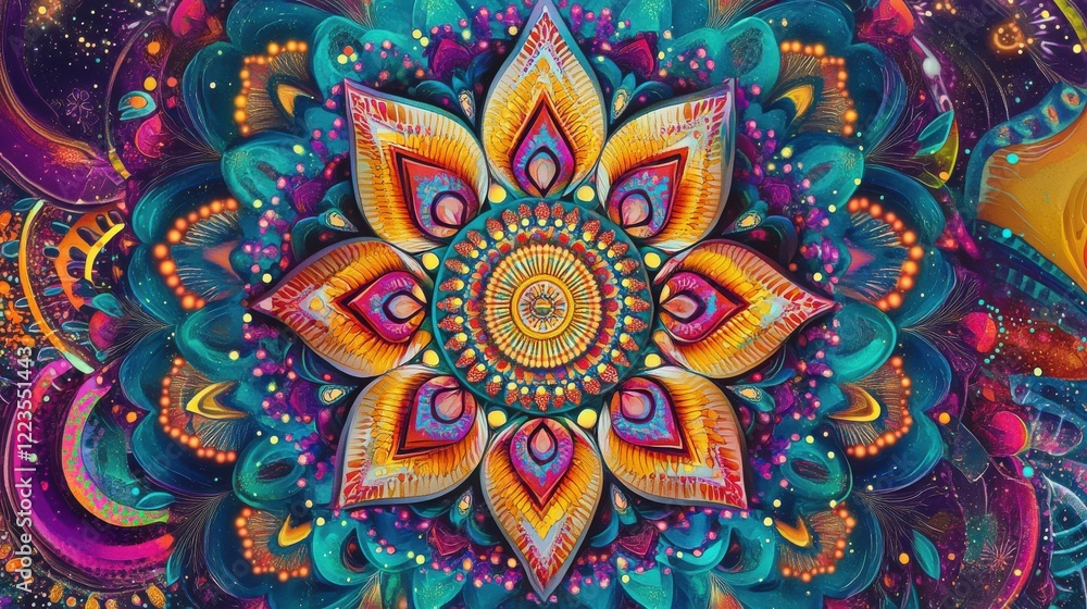 Poster vibrant mandala art with intricate patterns and colorful symmetrical design