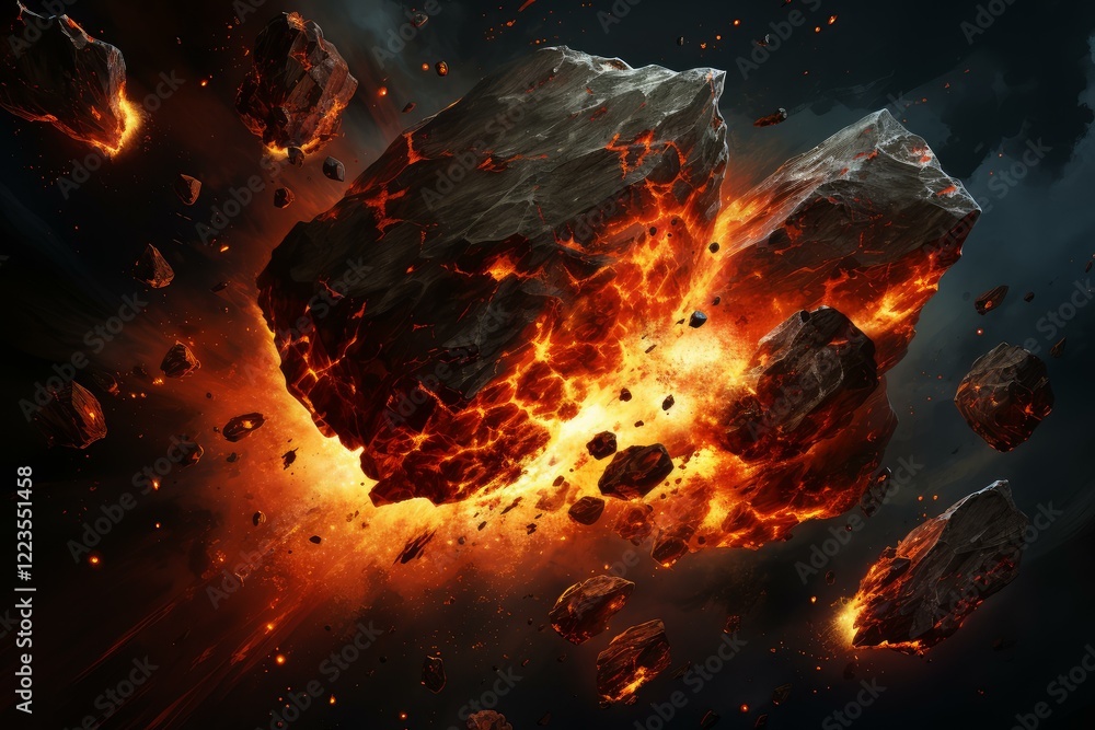 Poster two burning asteroids colliding in space creating explosion and debris