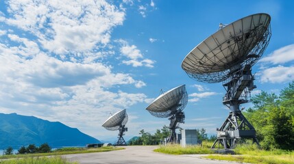 A high-resolution satellite communication ground station, technological scene with satellite dishes and communication equipment, Satellite communication style