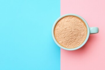 Collagen powder and coffee on a dual colored background Enhanced protein source Supplement for skin and bone health Close up shot from above