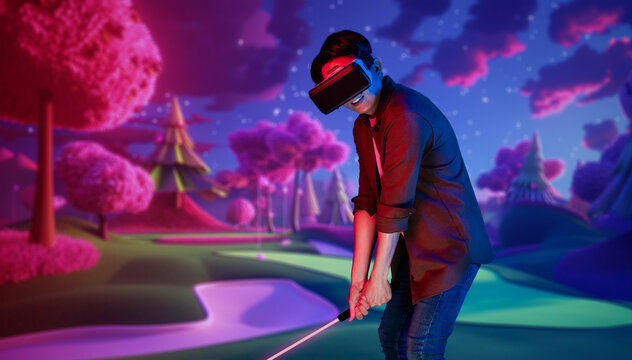 Skilled gamer wearing VR glasses while playing golf at metaverse or golf court with purple sky. Attractive golf player or athlete practicing sport skill while entering in simulated world. Ingenuity.
