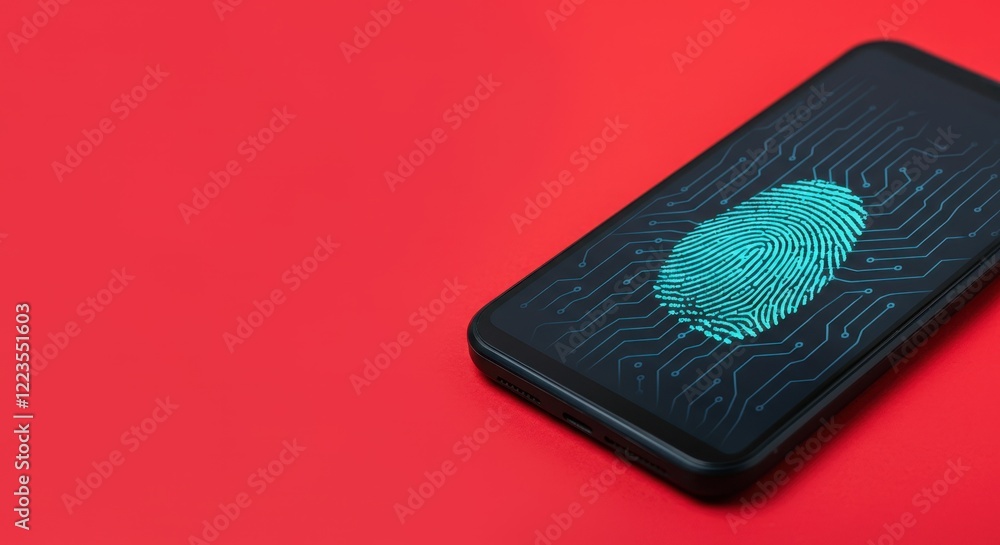Poster smartphone with fingerprint scan on screen against red background